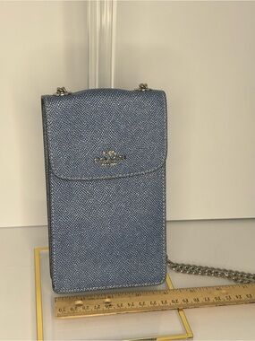 Coach Light Blue Leather Phone Crossbody with Silver Chain